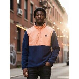 ADIDAS Originals 1/2 Zip Winterized Fleece Pullover Jacket Navy Coral Medium